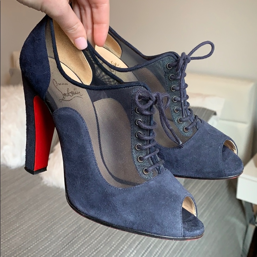 Louboutin lace-up peep toe heels - suede and mesh